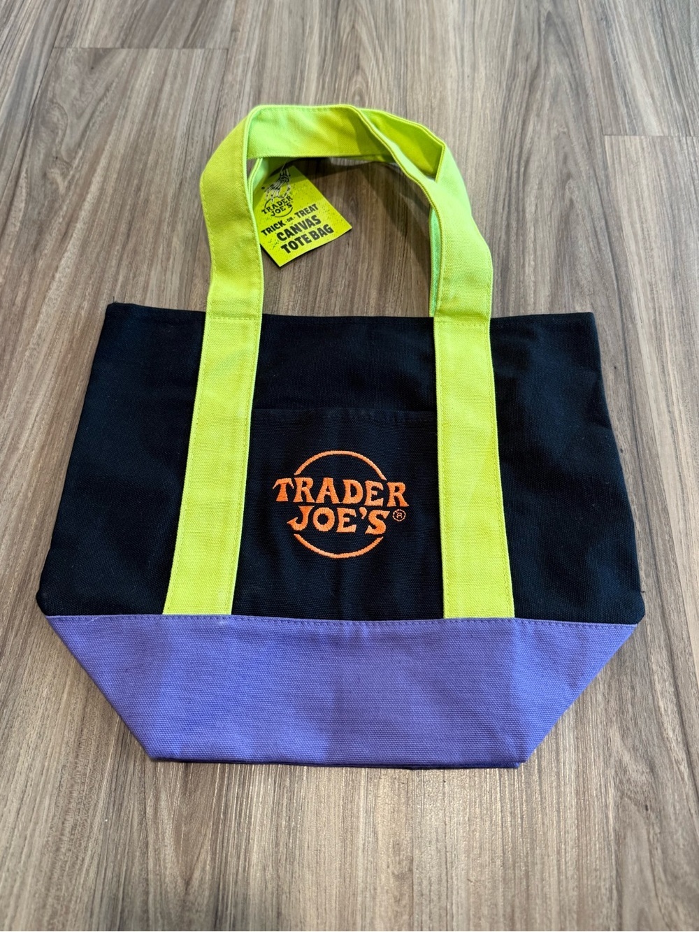 NWT Trader Joe's Canvas Halloween Mini Tote Bag in Black, Lime & Purple